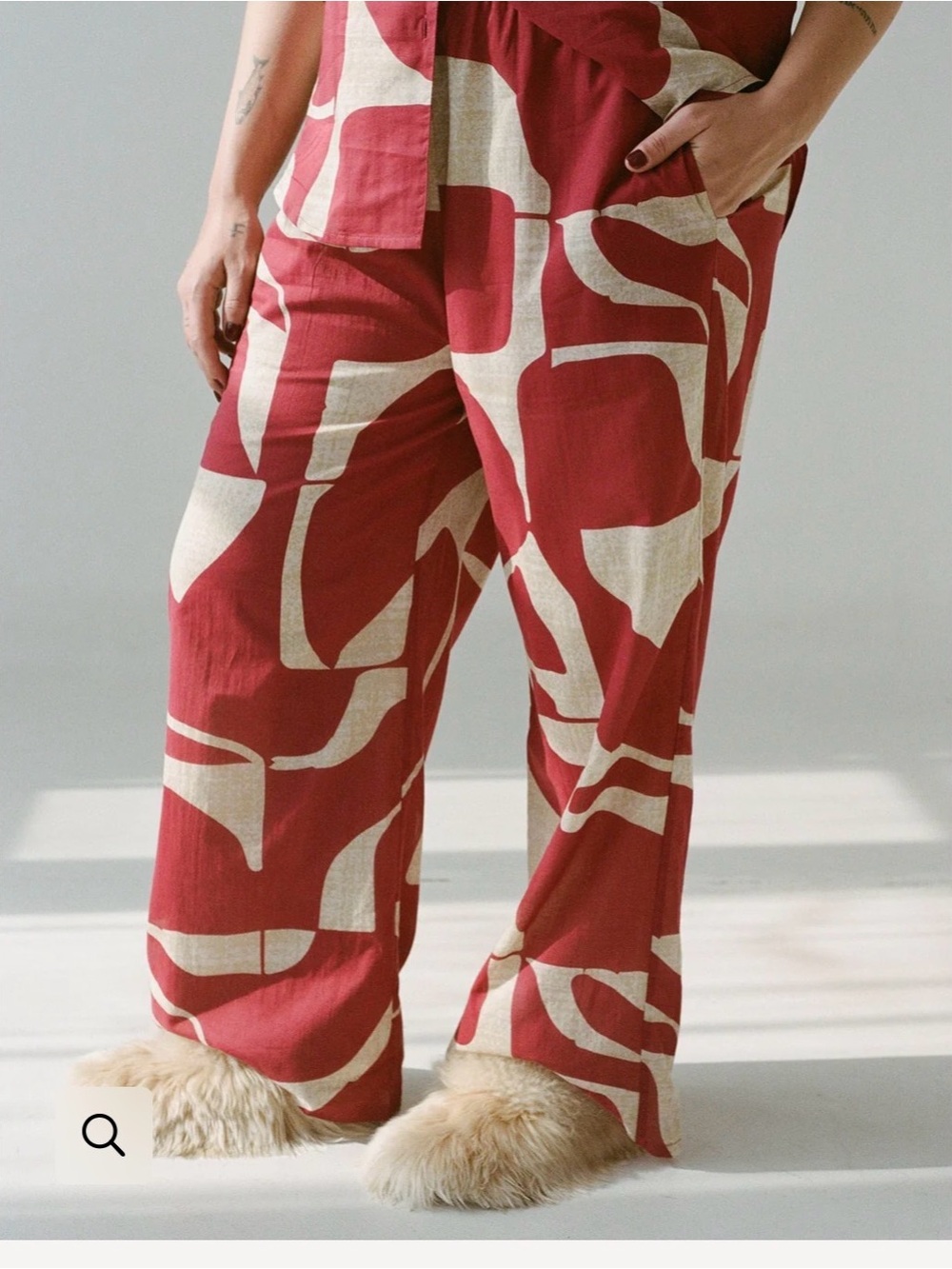 “Wray” Wide Leg Printed Luna Pants in Brick Red & Cream Deco Sky Print